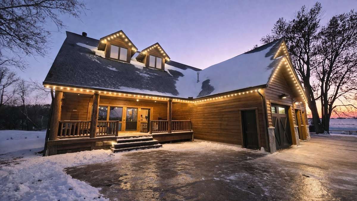 Warm white lights on cabin home at dusk, south metro MN