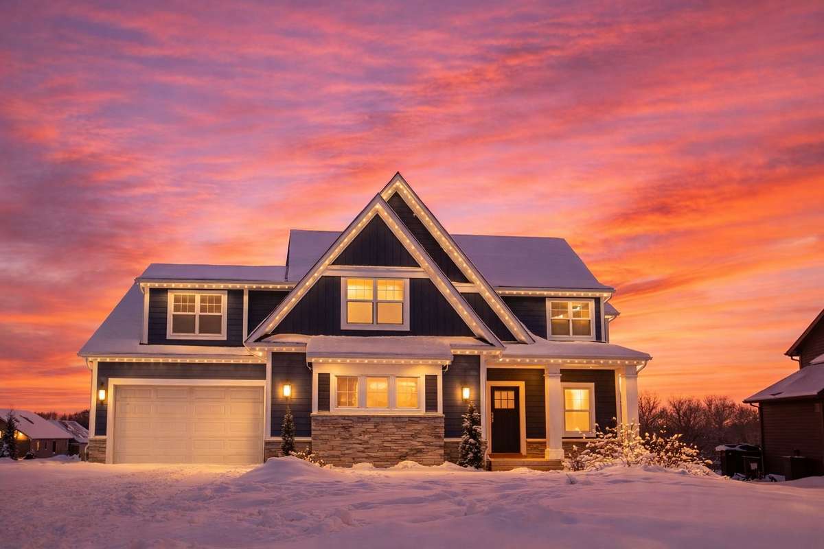 Navy craftsman home with warm lights at pink sunset