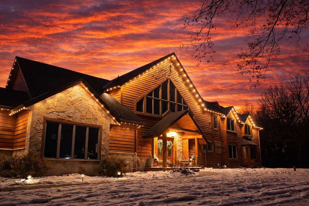 Rustic log home with warm white lights at fiery sunset
