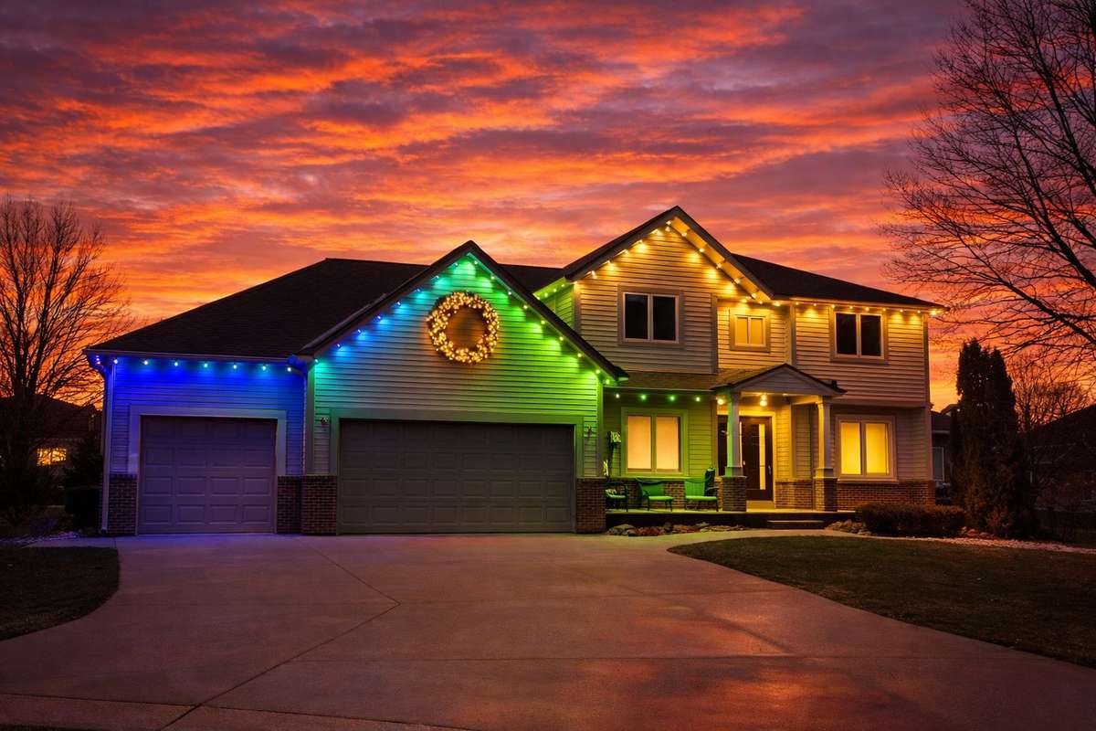 Home with rainbow lights at sunset