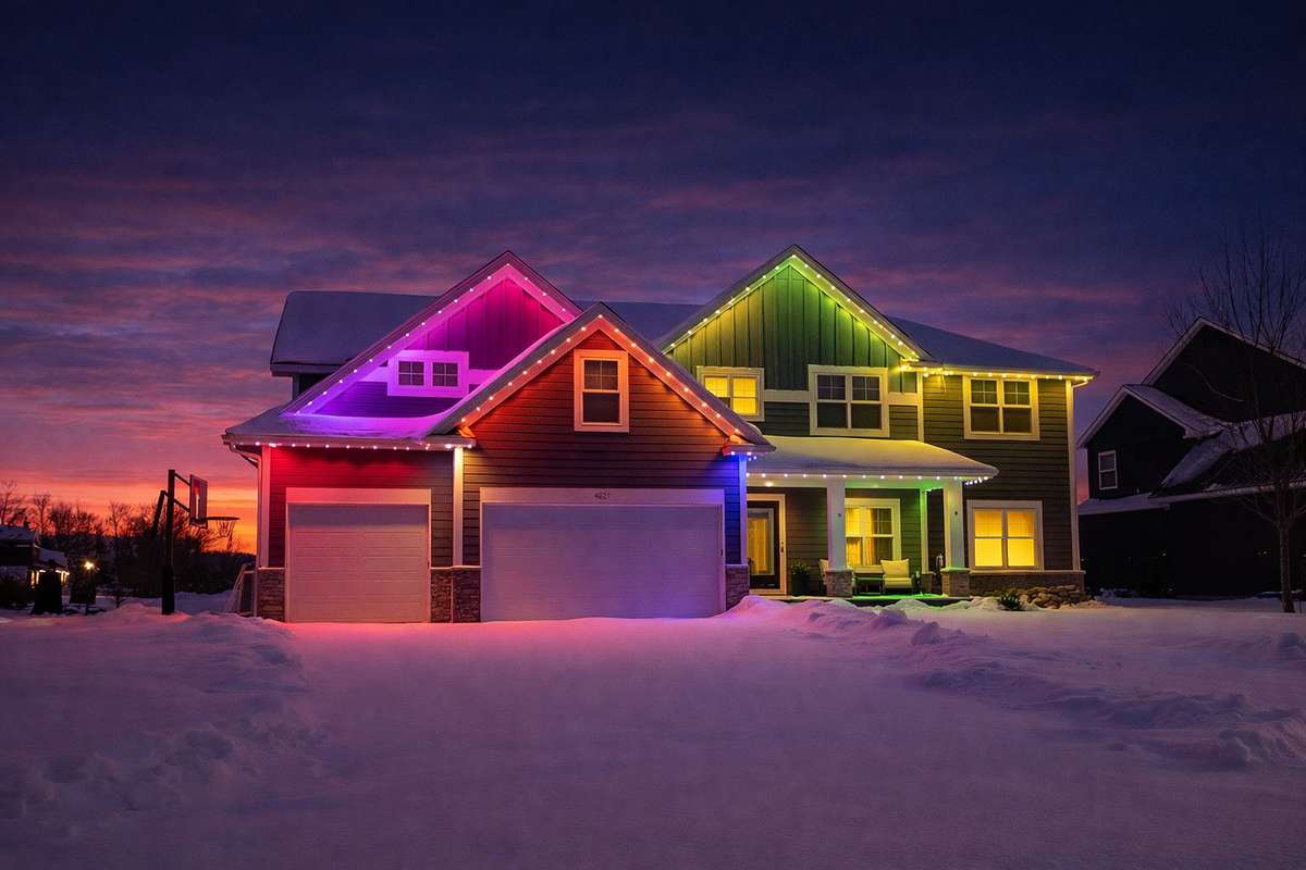 Home with colorful lights in winter twilight