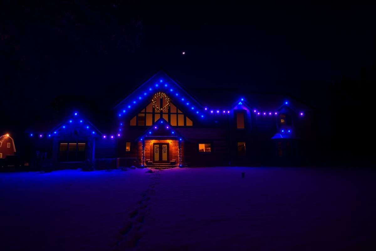 Blue lights on farmhouse
